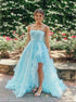 A Line Spaghetti Straps Blue Tulle Prom Dress with Slit LBQ4070
